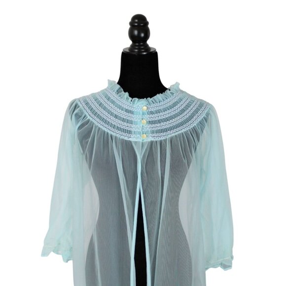 Vintage Sheer Cyan Blue Dressing Gown Queentex Lingerie Robe Smocked Collar N84 - Picture 5 of 10